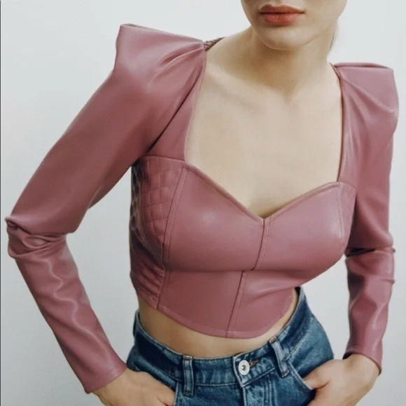 Zara Tops Zara Faux Leather Sweetheart Neck Puff Sleeve Crop